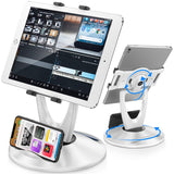 DeskLogics 360 Rotating Tablet Stand for POS Kiosk & Desk, Foldable iPad Holder with Phone Organizer Base, Swivel Counter Mount for Retail & Office, Fits iPad Pro 12.9, Air, Mini, All 4-13” Devices