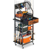 JIRTEMOT Fishing Rod Holder Organizer with Fabric Drawer & Pegboard, Space-Saving Garage Storage for 12 Rods, Reels, Tackle Boxes, Portable Fishing Gear Cart for Easy Access & Mobility