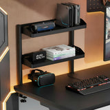 Clamp on Desk Shelf, 17in 2-Tier Office Desk Shelves Organizer, Small Shelf for Top of Desk with Headphone Holder and Hooks, Desktop Storage Rack for Home Workspace, Study Rooms, Gaming Accessories