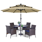 PHI VILLA 5pc Patio Dining Set with Umbrella, Square Table, Rattan Chairs