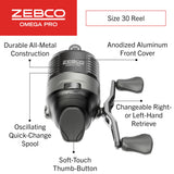 Zebco Omega Pro Spincast Fishing Reel, Size 30 Reel, Dual Ceramic Pick-up Pins, Solid-Brass Pinion Gear, GlideLine ll Line Retrieval System, Pre-Spooled with 10-Pound Fishing Line, Braid Ready, Black