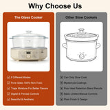 MAGNIFIQUE Slow Cooker, 4.5 Quart 8-in-1 Glass Pot Multi-Cooker, Non-Toxic Slow Cooker with Removable Borosilicate Glass Pot, for Rice, Pasta, Steam & Proof, Oatmeal