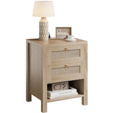Curlaky Rattan Night Stand with Drawers - Boho Nightstand with Charging Station, Bedside Table with Storage Shelf, Accent Side Table End Tables Living Room, Wood Nightstands for Bedroom, Light Wood