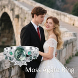 Oseew Natural Moss Agate Ring for Women 2CT Pear Cut 2 Pieces Engagement Ring Set 10K/14K/18K Solid Gold/Sterling Silver Wedding Vintage Leaf Bridal Promise Ring with Gift Box