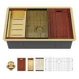 Sarlai 32 Gold Undermount Kitchen Sink - 32" x19" Kitchen Sink Ledge Workstation 16 Gauge Gold Stainless Steel Deep Single Bowl Under Counter Rectangular Sinks Basin
