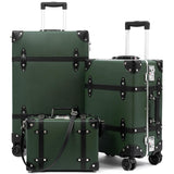 universal trotter Vintage PU Leather Luggage Set, Retro Trunk Suitcase with Wide Aluminum Frame, TSA Key Locks and Smooth 360° Spinner Wheels (Heritage Olive,12"+20"+26")