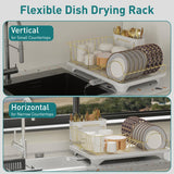 Buruis Dish Drying Rack for Kitchen Countertop, Large Capacity Gold Stainless Steel Dish Drainer with Anti-Slip Rubber Feet, Removable Drain Board and Utensil Holder (White Tray)