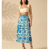 Talakeno Womens Floral Wrap Midi Skirt Summer Adjustable Tie Side Casual High Waist A Line Beach Boho Long Flared Skirts(Blue,S)