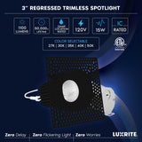 LUXRITE 3 Inch Trimless LED Black Recessed Lighting, 15W, 1100LM, 5CCT Selectable 2700K-5000K, Dimmable Ceiling Spotlight, CRI 90, Damp & IC Rated, Plaster Downlight, ETL Listed (4 Pack)