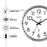 Sharp Atomic Analog Wall Clock - 12" Silver Brushed Finish Sets Automatically- Battery Operated Easy to Read Use: Simple, Style fits Any Decor