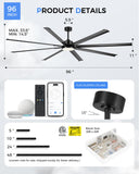 JAZAVA 96 Inch Industrial Ceiling Fan with Light, Aluminum Blades, Black
