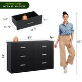 WLIVE Wood Dresser for Bedroom, Black 53'' Wide Chest of Drawers with 6 Drawer, Oak Furniture Large Storage Tower Unit, Closet Store Organizer for Living Room, Hallway, TV Stand, Modern Minimalist