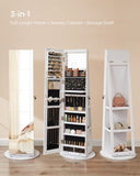 SONGMICS 6 LEDs Lockable Mirror Jewelry Cabinet, 360° Swivel Jewelry Organizer Armoire Standing, Frameless Full-Length Mirror, 3 Storage Shelves, White Surface, Black Lining UJJC007W01