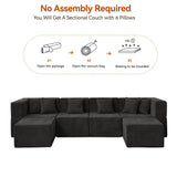 MONVANE 130'' Modular Sectional Cloud Couch for Living Room, 6 Seater Convertible Chenille Couches Set with Ottoman & Pillow, No Assembly Compression Sofas, Comfy Floor Sofa with Memory Foam, Black
