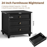 Joaxswe 24" Wide Farmhouse Night Stand Set of 2,Large End Table with 3 Drawers & Metal Handle,Wood Dresser for Bedroom Cabinet, Bed Side Table Chest of Drawers,Nightstand for Living Room,Closet,Black