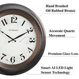 CLXEAST 18 Inch Large Illuminated Wall Clock with AI Smart Night Light Sensor,Modern Farmhouse Wall Clocks for Living Room,Bedroom, Kitchen, Home Office,Oil Rubbed Bronze Black