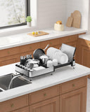 Kitsure Dish Drying Rack - Expandable Stainless Steel Dish Racks for Kitchen Counter, Auto-Drain Drying Rack for Kitchen with Cutlery Holder & Non-Slip Feet, 16.1-26.6" L x 12.6" W, Black