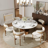 POVISON Round Dining Table Set, 59" Dining Table with 6 Chairs, Matte White Sintered Stone Table with Bronze Carbon Steel Base