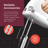 Mueller Electric Hand Mixer, 5 Speed with Snap-On Case, 250 W, Turbo Speed, 4 Stainless Steel Accessories, Beaters, Dough Hooks, Baking Supplies for Whipping, Mixing, Cookies, Bread, Cakes, White