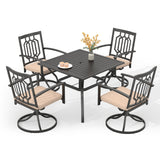 PHI VILLA Patio Dining Set, Swivel Chairs, Square Metal Table