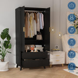 Garvee 71" Armoire Wardrobe Closet, Modern Wooden Bedroom Armoire with 2 Drawers & 2 Doors and Adjustable Shelves，Clothing Storage Cabinet with Aluminum Hanging Rod, Locker
