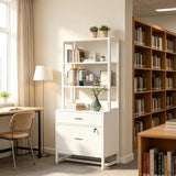 White 2-Drawer File Cabinet with Bookshelf, Filing Cabinet with Open Storage, Office Storage Unit for Home Office, Legal, A4 Size, Wood File Cabinets for Home Office, Printer Stand with Storage Shelf