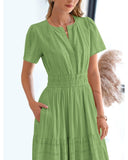 BTFBM Womens Summer 2026 Casual Midi Maxi Dresses Lightweight Short Sleeve V Neck Elastic Waist Boho Beach Dress Pockets(Green, Small)