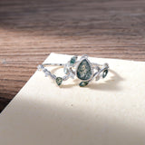 Oseew Natural Moss Agate Ring for Women 2CT Pear Cut 2 Pieces Engagement Ring Set 10K/14K/18K Solid Gold/Sterling Silver Wedding Vintage Leaf Bridal Promise Ring with Gift Box