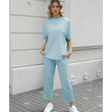 SeeLuNa Women's Two Piece Outfits 3/4 Batwing Sleeve Capelet Crew Neck Pullover Top Wide Leg Pants Lounge Set(Blue-Green,S)