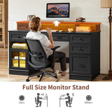 Executive Desk with Drawers Computer Desk with File Drawers, Power Outlet and Led Lights