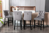 MOOLSUN Set of 6 Blue Velvet Bar Stools - Classic Fixed Height Design with Button Tufted Seat, Solid Wood Frame & Chrome Nailheads, Perfect for Standard Kitchen Island & Home Bar,Gray(Wood Leg)