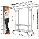 HYSEYY Heavy Duty Clothes Rack, Rolling Clothing Rack With Shelves Load 620 LBS, Double Rod Clothing Racks for Hanging Clothes, Portable& Adjustable Clothes Rack with Wheels Garment Rack