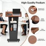 Baoz 15° Tilted Podium Stand with Storage & Lockable Wheels, Wooden Lectern with Adjustable Shelf,