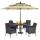 PHI VILLA 5pc Patio Dining Set with Umbrella, Round Table, Rattan Chairs