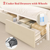 Lazmvlz King Size Bed Frame with 2 Storage Drawers, LED Chenille Headboard with 2 Movable Storage Cabinets, Platform Bed with Charging Station, No Box Spring Needed, Easy Assembly, Beige