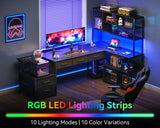 AODK 79 inch L Shaped Desk with 5 Drawers, Reversible L Shaped Gaming Desk with LED Light & 2 Power Outlets, Computer Desk with Storage Shelves for Home Office, Black
