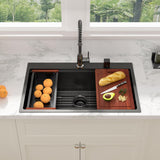 Sarlai 33 Matte Black Drop-In Kitchen Sink Workstation - 33x22 Inch Drop Kitchen Sink with Ledge NANO-Tech Black Topmount Round Corner 16 Gauge Stainless Steel Single Bowl Sinks Basin