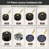 Nuwave Lux LE 13Pc Ceramic Cookware Set with Elegant Gold Handle, PFAS Free
