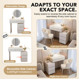 Quvex 23.6" Compact Makeup Vanity Desk with LED Sunburst Mirror & Ambient Light, Sintered Stone Top Vanity Table, 4 Drawers, Petal Chair, Extendable & Reversible Dressing Table, Khaki