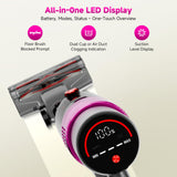 Cordless Vacuum Cleaner: Portable 6-in-1 Stick Vacuum with Anti-Tangle Brush, LED Headlight, Self-Standing, HD display, Rechargeable Vacuum for Pet Hair, Low-Pile Carpet and Hardwood Floor-Purple