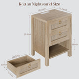 Curlaky Rattan Night Stand with Drawers - Boho Nightstand with Charging Station, Bedside Table with Storage Shelf, Accent Side Table End Tables Living Room, Wood Nightstands for Bedroom, Light Wood