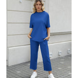 SeeLuNa Women's Two Piece Outfits 3/4 Batwing Sleeve Capelet Crew Neck Pullover Top Wide Leg Pants Lounge Set(Dark-Blue, S)