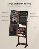 SONGMICS Mirror Jewelry Cabinet Armoire, Standing Full-Length Mirror, Lockable Jewelry Organizer, Gift Idea, Brown Surface and Black Lining UJJC69BR