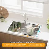 JAQ Over Sink Dish Drying Rack for Medium to Large Sink, Expandable 15.08"–22.4", Adjustable 304 Stainless Steel Dish Drainer with Utensil Holder, Large Capacity Holds Up to 13 Plates