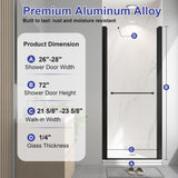 EASYWORC Frameless Pivot Shower Door 26"-28" W x 72" H, Swing Shower Glass Doors with Nano Explosion-Proof Film Tempered Glass 1/4"(6mm) Reversible Installtion, Matte Black Finish