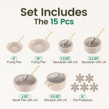 Chef Power Ceramic Cookware Sets, 15Pcs Pots and Pans Set Non Stick, Cookware Set with Stainless Steel Handle, Dishwasher & Oven Safe, Taupe and Light Gold Handle