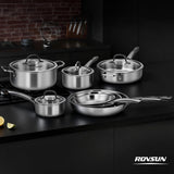 ROVSUN 11-Pcs Stainless Steel Cookware Set, Tri-Ply Pots and Pans Set, Non-Toxic Kitchen Set, PFOA & PTFE Free, Full Clad Frying Pans, Saucepans, Saute Pan & Stock Pot, Compatible for All Cooktops