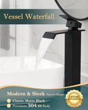 KUZOR Matte Black Tall Waterfall Vessel/Bowl Sink Faucet – Single Hole 304 Stainless Steel Bathroom Faucet with Metal Pop-Up Drain, High Arc Spout for Modern Vanities