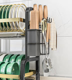 CAKERS Dish Drying Rack with Removable Drain Tray|Carbon Steel Dish Strainers for Kitchen Counter|Tableware Holder Dinnerware Drainer Organizer,Black Gold,3 Tier(Extra Long)-Main Shelf with Set