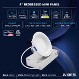 LUXRITE 4 Inch LED Regressed Mini Panel, Recessed Light, 5CCT 2700K-5000K, Dim to Warm, Switchable 8W/11W, 600/900 Lumens, CRI90, Dual Dimmable (TRIAC/0–10V), 100°, Canless Spotlight, ETL (12 Pack)